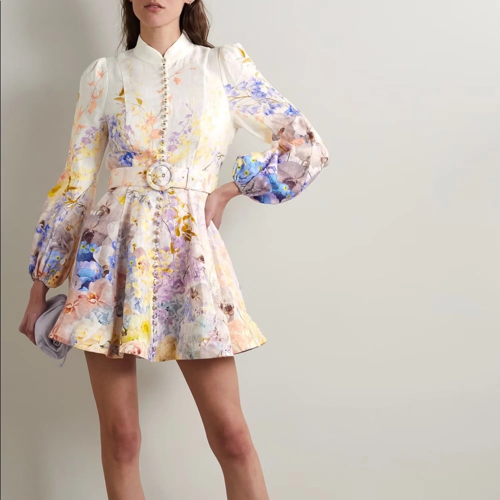 Rhythmic Belted Embellished Floral-print Linen Mini Dress